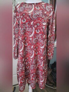 LOFT Shimmer Paisley Flounce Dress Women's M Red Mini-Midi Sheer Lined Long Slee